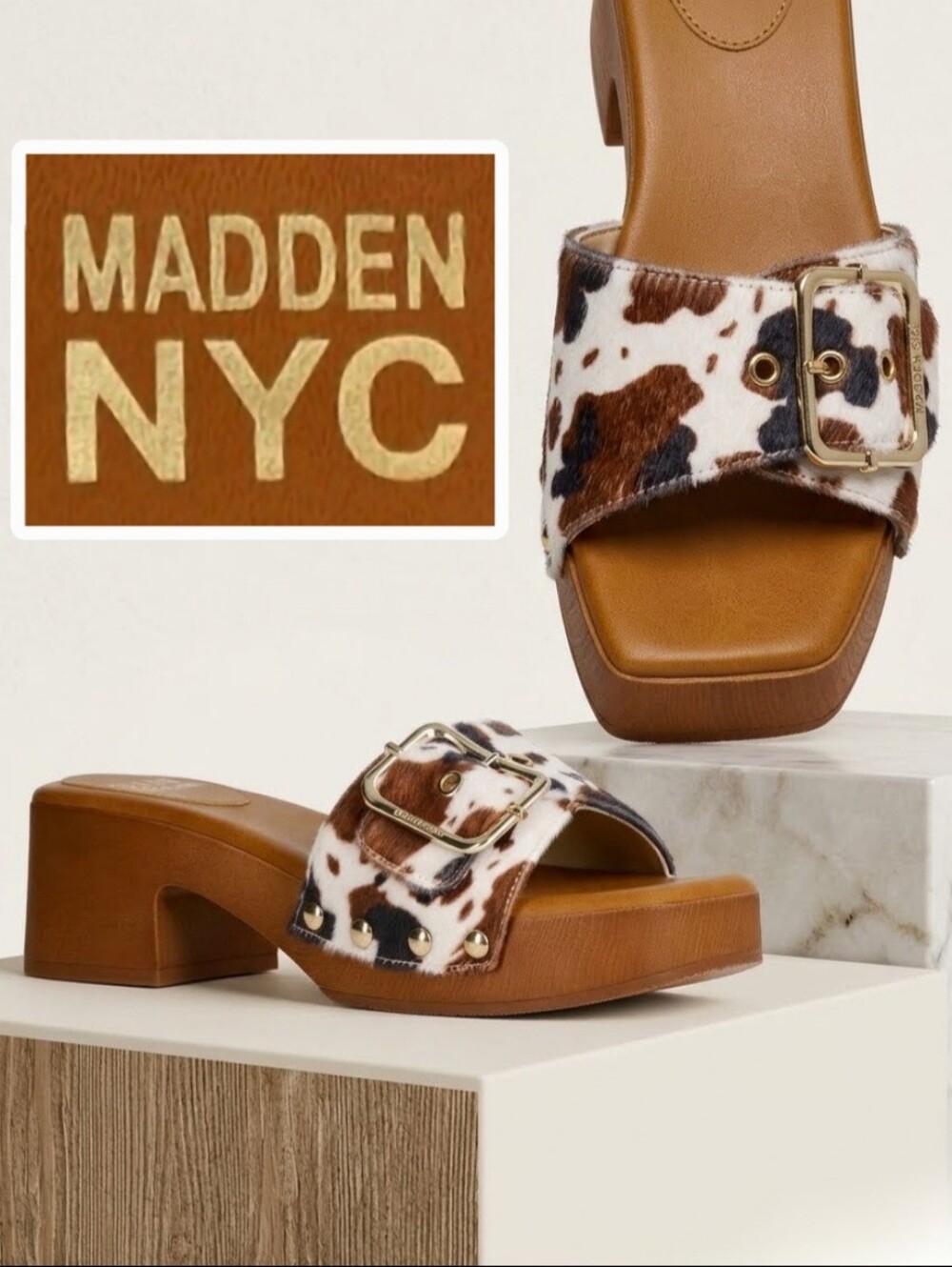 Madden NYC Cow Print Buckle Strap Studded Block Heel Mule Slide Sandals Sz 9